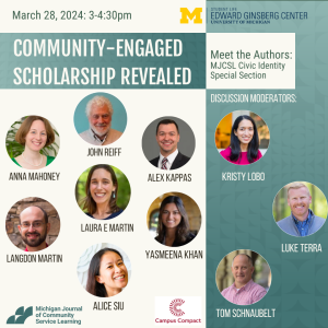 flyer for Community engaged scholarship revealed virtual event with headshots of auhors and moderators