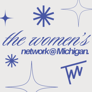 Tan background with words "The Women's Network" and small icons in blue