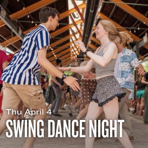 Thu April 4 Swing Dance Night displays in white text across an image of people dancing
