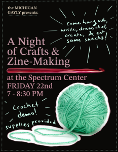 Flyer for Michigan Gayly's Craft Night March 22nd at 7pm in the Spectrum Center