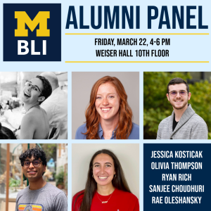 headshots of five BLI alumni, with text: BLI ALUMNI PANEL, all on a light blue bachground
