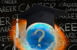 A graduation cap sits on top of a ring-shaped nebula with a giant question mark in the middle. The work "career" repeats randomly in the background.
