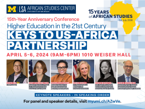 Banner displays the event information and keynote speakers: ASC 15th Anniversary Conference. Higher Education in the 21st Century: Keys to US-Africa Partnership