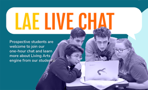 Image showing students huddled around a computer with title LAE Live Chat