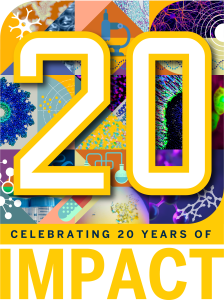 The number "20" on a background of various scientific images; Text: Celebrating 20 Years of Impact