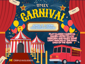 carnival graphic with circus tent, tickets a stage with event details