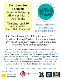Poster listing 10 featured UM faculty speakers for the Fast Food for Thought event on April 16, 2024