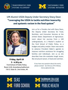 Poster with an image of USDA Deputy Under Secretary Stacy Dean and details about her UM visit on Friday, April 19, 2024