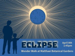Graphic showing illustrated solar eclipse, also includes the silhouettes of an adult and child watching eclipse