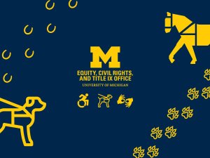 service animal dog and mini horse, paw and hoof prints, Block M logo for Equity, Civil Rights, and Title IX
