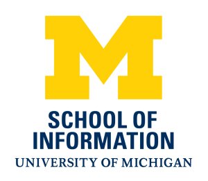 Block maize "M" with the words in blue underneath, "School of Information; University of Michigan"
