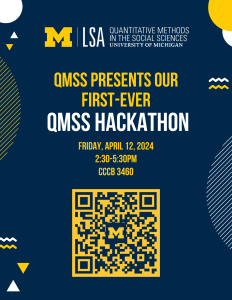 The Quantitative Methods in the Social Sciences (QMSS) presents our first-ever QMSS Hackathon. Friday, April 12, 2024 from 2:30-5:30pm in CCCB 3460. Gold QR code on navy background to register for the event.