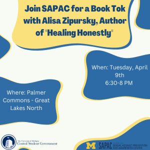 Text reading "Join SAPAC for a Book Tok with Alisa Zipursky, Author of "Healing Honestly" over a background with rounded shapes and overlapping edges.