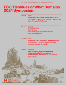 Photo of symposium speakers in red font on a grey background
