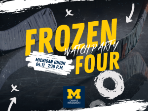 hockey graphic with play x's and o's that reads "frozen four watch party"