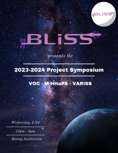 Flyer for the BLiSS symposium. Contains the date, time, and location per these event details. The background is the Earth framed against space, with the BLiSS logos headlining the page.