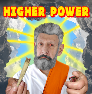 text reads as: Higher Power. Picture of a Religious Figure in clouds.