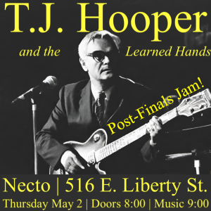 Join TJ Hooper & the Learned Hands, Michigan Law School's best (and only) cover band for our post-finals jam! When: Thursday May 2; Doors open at 8:00 PM; Music starts at 9:00 PM. Where: Necto, 516 E Liberty St, Ann Arbor, MI 48104. Tickets: $12, available at door.
