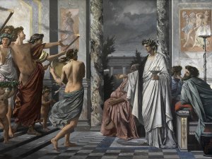 Artist Anselm Feuerbach’s 1869 painting, “Plato’s Symposium,” pictures a festive gathering in a Greek house.