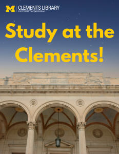 Image of the front of the William L. Clements Library with the night sky above the building. The words, "Study at the Clements" are written above the building