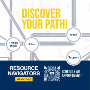 ResNav marketing image shows map in greyscale with pinpoints identified as Things to Do, Jobs, Ideas, and Support. Shows ResNav brandmark: We can help. Also features Sessions QR code: Schedule an Appointment!