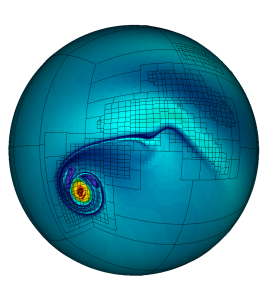 Digital rendering of an atmospheric simulation showing large, merging vortices on a sphere.