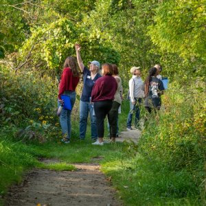 Group of seven people on a wooded trail. One gestures upward with their arm