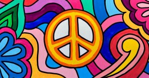 A psychedelic painting with a peace sign.