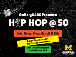 GalleryDAAS' exhibition title, "Hip Hop at 50," with a microphone and futuristic/music-related graphics