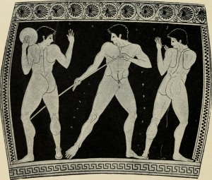 Illustration from Edward Norman Gardiner’s “Greek Athletic Sports and Festivals” (1910) depicting three ancient Olympic athletes.