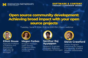 Header Image reading "Open source community development - Achieving broad impact with your open source projects"