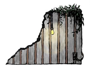 Illustration shows a bare lightbulb hanging from a crumbling section of wall