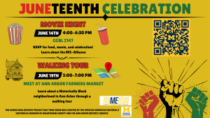 Flyer showing a bucket of popcorn and a soft drink around details for a movie night. A historical home and an unfolded map are positioned around the details for a walking tour. In the bottom right corner of the flyer, there is a graphic of three fists pressed into the air.