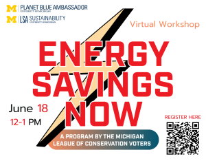 White poster w/ lightning bolt at center: Virtual Workshop, June 18. 12-1PM, entitled Energy Savings Now!, a program by the Michigan League of Conservation Voters.