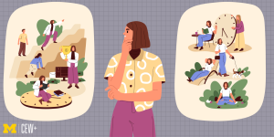 Flat vector art showing people in different jobs. Woman contemplating rest, leisure, or career. Illustration on work-life balance.