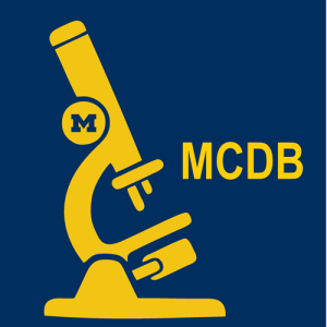 Yellow initials MCDB and cartoon of a microscope on a blue background