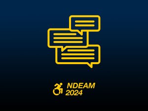 Three dialogue boxes above the NDEAM 2024 logo