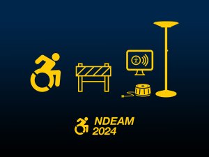 Various symbols for accommodations (a person in a wheelchair, a traffic barricade, a symbol for screen readers, a white noise machine, and a lamp) above the NDEAM 2024 logo