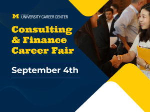 The image is for the Consulting & Finance Career Fair on September 4th. The right half of the image features a photograph showing people at an event. Two individuals are prominently shaking hands — a person dressed in professional attire with long dark hair and another person holding a yellow folder, also professionally dressed. Other people in business attire are visible in the background.