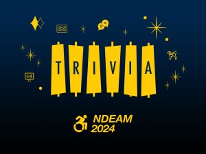 The word TRIVIA with various stars and accessibility symbols (closed-caption, screen reader, Q & A, service dog) above the NDEAM logo