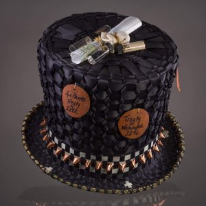 A black hat, basket-woven by Kelly Church