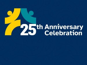 Image with white text of 25th Anniversary Celebration and alongside MCSP logo of yellow and teal abstract block persons joining hands set against blue background.