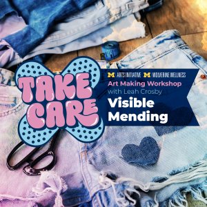 Patched clothing and logo for Take Care workshop: Visible Mending