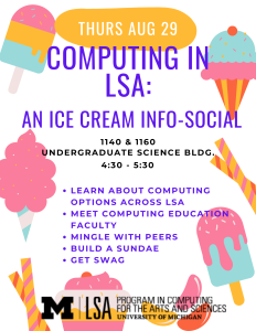 Flyer text details event specifics: Title: "Computing in LSA: an Ice Cream Info-Social" Date: Thursday, August 29; Time: 4:30-5:30, The background image is of illustrations of various ice cream products in pastel colors.