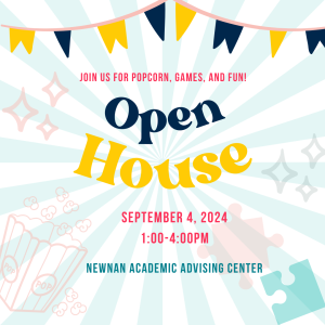 A celebratory flyer announcing an open house
