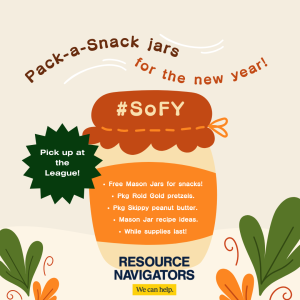Graphic in fall tones shows jar with contents outlined, green leaves on either side. "Pack-a-snack jars for the new year!" with ResNav brandmark.