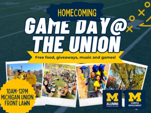 game day at the union event with photos of students playing spikeball, posing in a photobooth and eating on the lawn