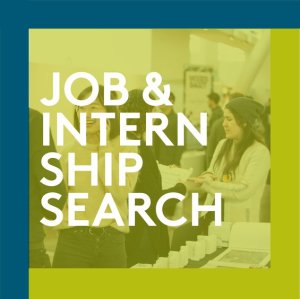 "Job & Internship Search" text over a blurred background of people attending a job and internship fair