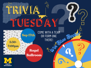 trivia tuesday graphic with prize wheel and event details