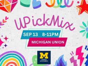 U pick mix graphic with colorful drawings of shapes with event details